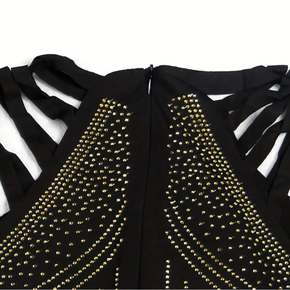 Rhinestone Bodycon Party Evening Dress, Sexy Sleeveless Solid Color Dress - Picture 3 of 3